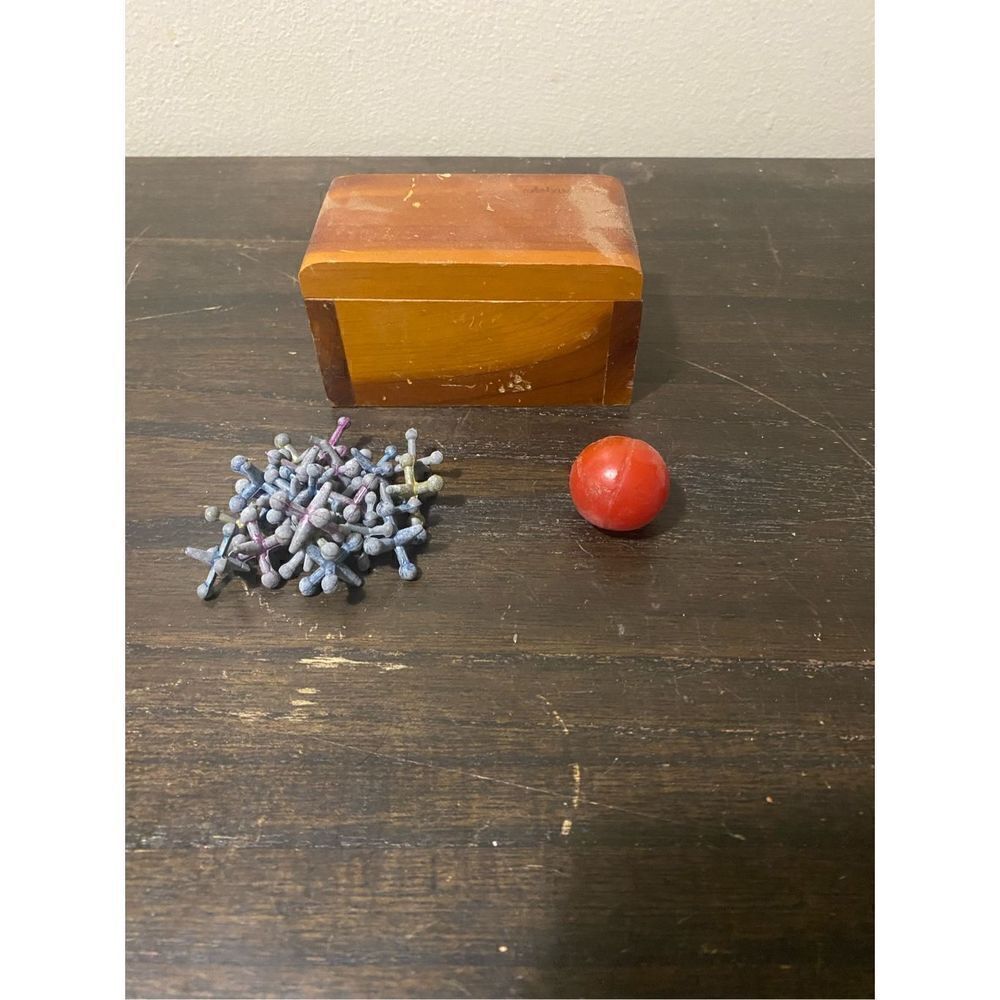 Vintage jacks with ball and wooden case